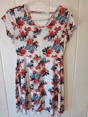 White Floral Fit & Flare Dress with Red Rose Print